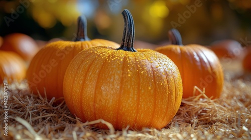 Vibrant orange pumpkins glisten with dew on straw bedding in a sunny autumn s...