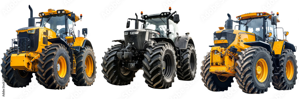 Obraz premium Set of A sturdy tractor with large tires and mechanical attachments isolated on transparent background (2)