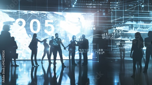 Business People Standing in Front of a Digital Wall Displaying the Year 2025