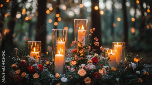 Elegant outdoor dining setup with candles and flowers in a forest during gold...