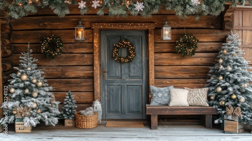 Cozy winter porch decorated with festive lights and snow-covered trees in a s...