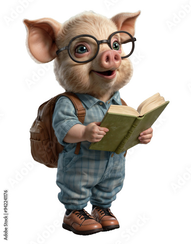 Cute Pig dressed for school isolated on transparent background png, cartoon animal reading a book, children education materials, back to school, sticker, notebook cover, Generative AI