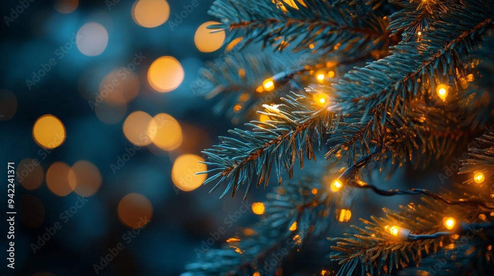 Warm holiday lights illuminating evergreen branches during the festive season in winter Warm holiday lights illuminating evergreen branches during the festive season in winter