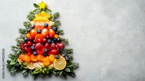 Creative fruit arrangement resembling a Christmas tree decorated with berries...