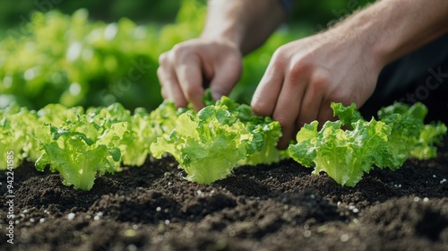 Hands tending to freshly planted lettuce in a vegetable garden during the aft...