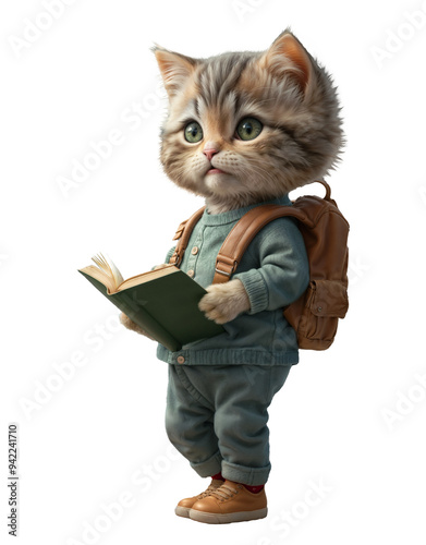 Cute Cat dressed for school isolated on transparent background png, cartoon animal reading a book, children education materials, back to school, sticker, notebook cover, Generative AI