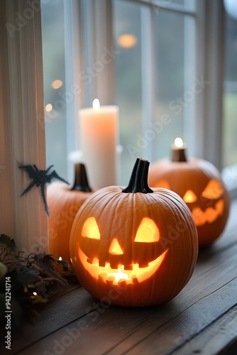Magical autumn evening with intricately carved pumpkins glowing on a quiet st...