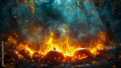 Fiery Halloween night with glowing pumpkins amidst a wild forest blaze