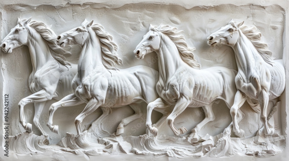 Group of white horses running along a stone wall in an open field Group of white horses running along a stone wall in an open field