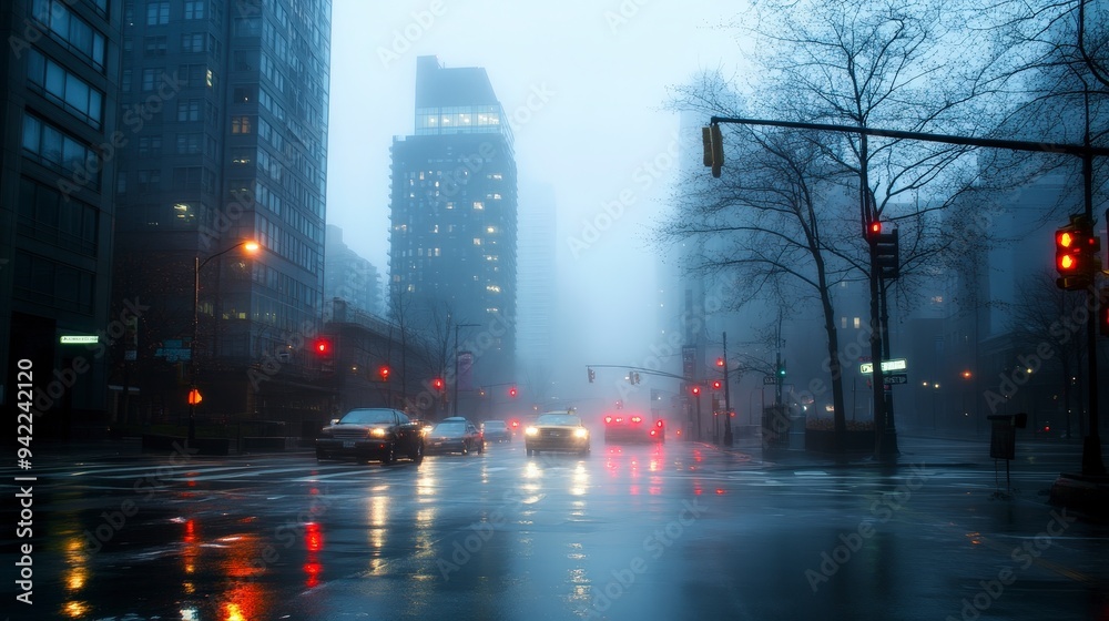 Naklejka premium Moody Urban Scenes: Misty Cityscapes and Rainy Streets