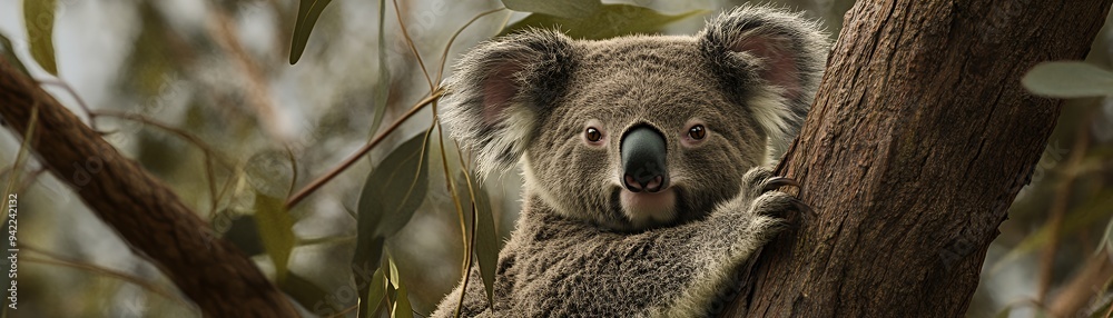 Obraz premium A fluffy grey koala clings to a eucalyptus tree trunk in a lush Australian forest, looking directly forward.