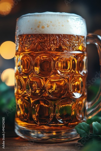 Golden beer in a clear glass sitting on a wooden table in a cozy pub during t...