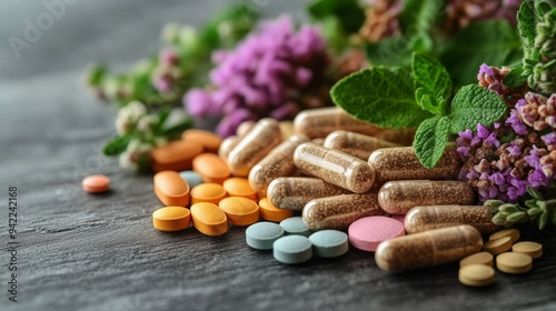 Assorted dietary supplements and herbs laid out on a rustic wooden surface