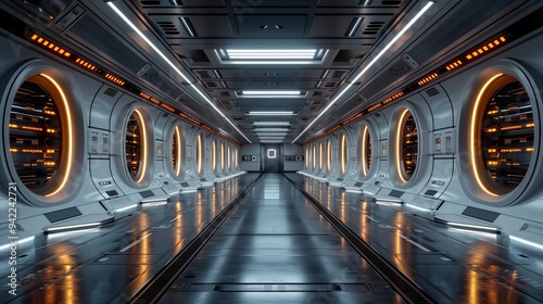 a futuristic hallway with a lot of windows and lights