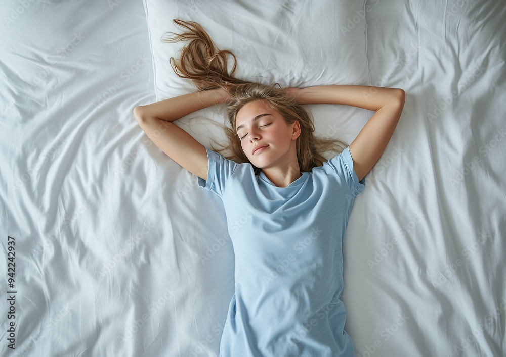 A girl in a blue t-shirt sleeping on a white bed with a pillow and... A girl in a blue t-shirt sleeping on a white bed with a pillow and...