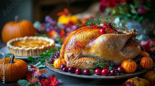 Thanksgiving feast featuring a beautifully roasted turkey, seasonal pies, and...