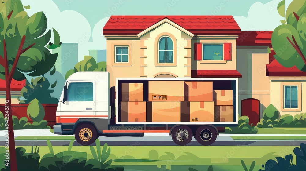 Obraz premium A white delivery truck with a full load of cardboard boxes parked in front of a suburban house.