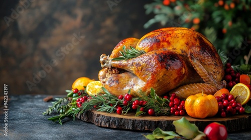 A beautifully roasted turkey garnished with herbs and fruits on a rustic wood...