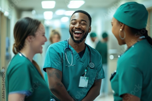 A group of healthcare professionals in scrubs laughing together in a hospital hallway.