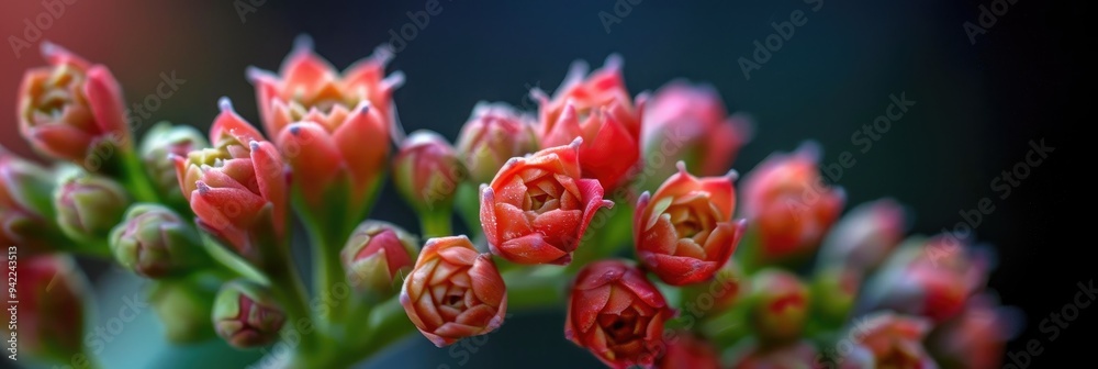 Close-up of Kalanchoe blossfeldiana buds in vibrant red.