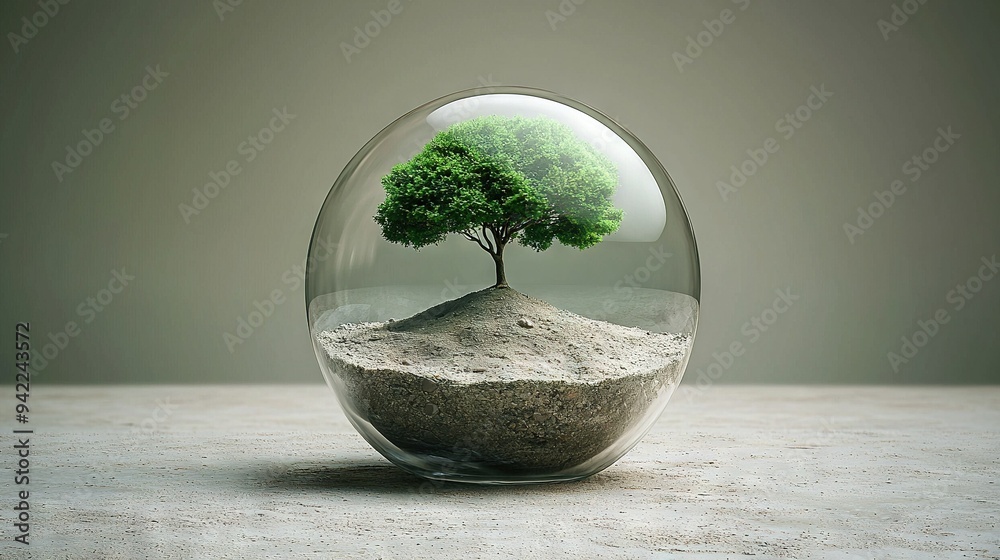   A translucent orb containing a verdant foliage specimen atop an arid isle surrounded by azure depths