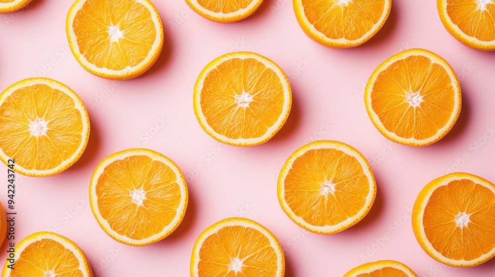 Halved oranges on pink background with repeating pattern. Halved oranges on pink background with repeating pattern.