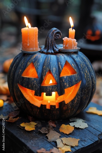 A carved Halloween pumpkin with flickering candlelight in a cozy autumn setting