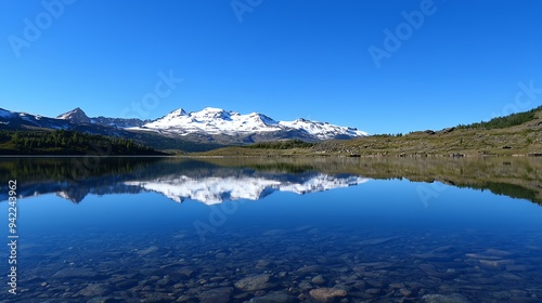 A serene landscape featuring mountains and a clear lake reflecting the blue sky.