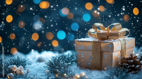 A beautifully wrapped gift surrounded by festive decorations in a cozy winter...