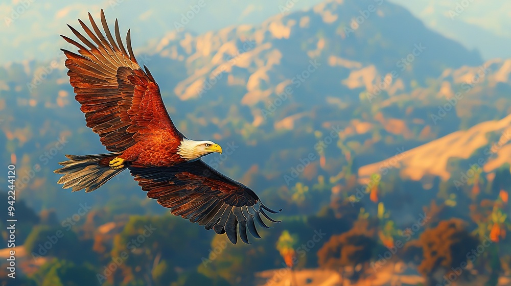 Fototapeta premium A majestic bird soars above the mountains in the sky