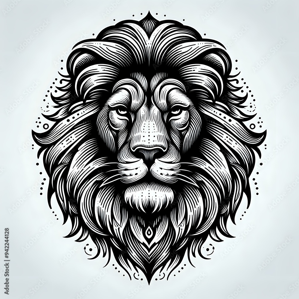 Intricate black and white illustration of a lion's face with detailed flowing mane and decorative elements Intricate black and white illustration of a lion's face with detailed flowing mane and decorative elements