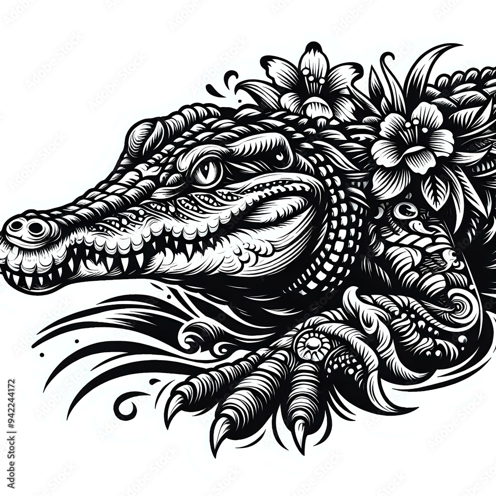 A detailed illustration of a crocodile with intricate patterns showcasing its powerful jaw and scales A detailed illustration of a crocodile with intricate patterns showcasing its powerful jaw and scales