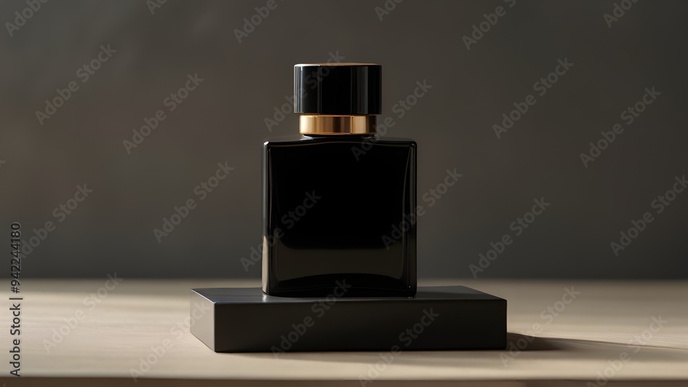 mockup of a plain black perfume bottle neatly placed on a podium on a neutral background, close-up, Ai generated Images mockup of a plain black perfume bottle neatly placed on a podium on a neutral background, close-up, Ai generated Images