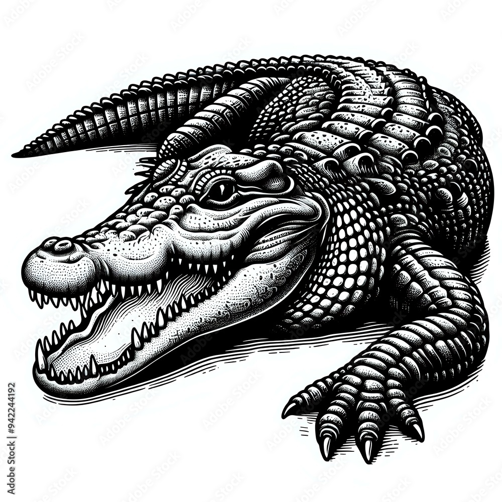 A detailed illustration of a crocodile with intricate patterns showcasing its powerful jaw and scales A detailed illustration of a crocodile with intricate patterns showcasing its powerful jaw and scales