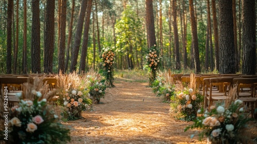 Outdoor wedding ceremony setup in a tranquil forest with floral decorations a...