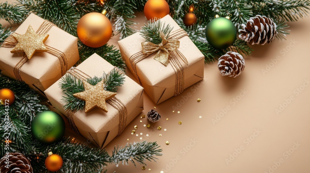 Colorful holiday gifts surrounded by pine branches and ornaments on a festive backdrop