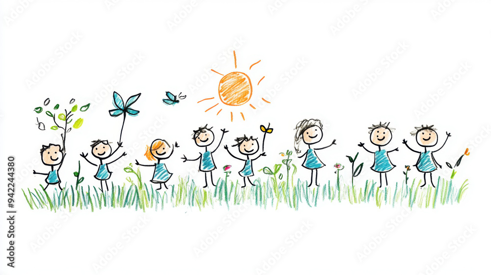 Fototapeta premium A lively illustration of stick figure children joyfully playing in nature under a bright sun, surrounded by flowers and greenery.