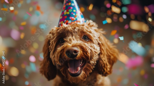 Happy dog celebrating with confetti and a party hat during a joyful birthday ...