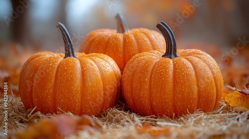 Vibrant orange pumpkins glisten with dew on straw bedding in a sunny autumn s...