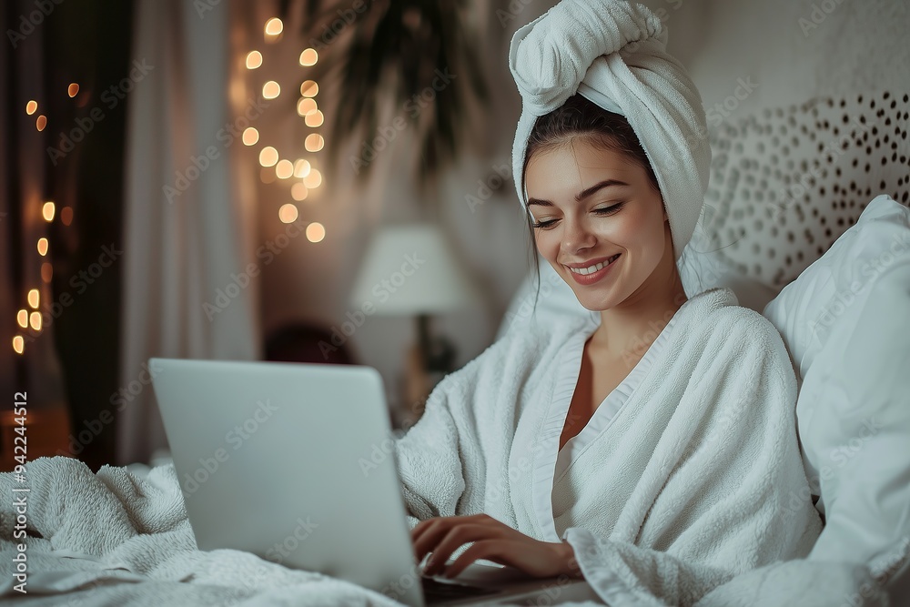 A happy woman in a white robe with a towel on her head, sitting at... A happy woman in a white robe with a towel on her head, sitting at...