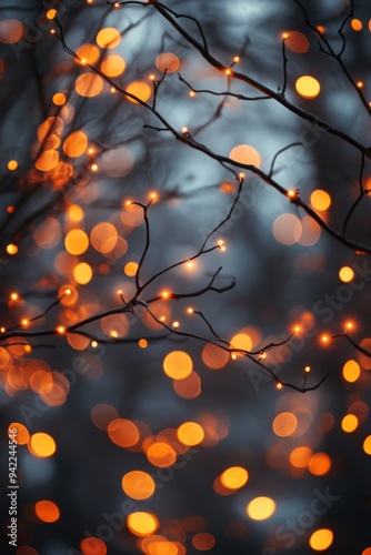 Festive Halloween decorations with glowing jack-o'-lantern lights on a dark e...