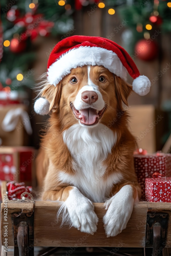 A festive dog wearing a Santa hat sits surrounded by Christmas presents in a cozy setting A festive dog wearing a Santa hat sits surrounded by Christmas presents in a cozy setting