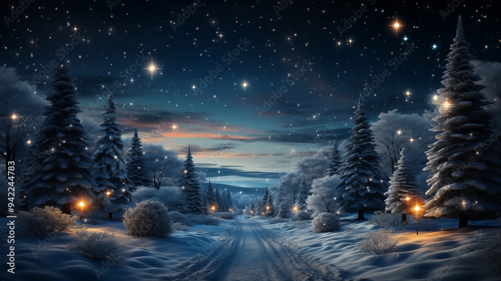 Christmas trees forest in on a snowy night with christmas decorations garlands and stars at twilight