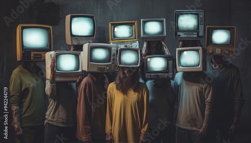 Exploring disinformation  people with retro tv heads representing media influence and fake news
