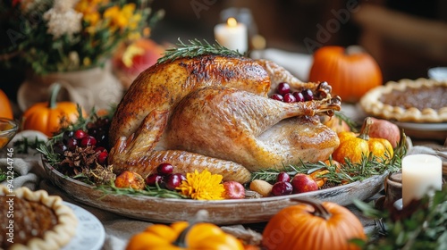 Thanksgiving feast featuring a beautifully roasted turkey, seasonal pies, and...