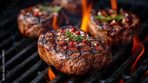 Grilling juicy steaks over an open flame in a backyard barbecue setting at su...