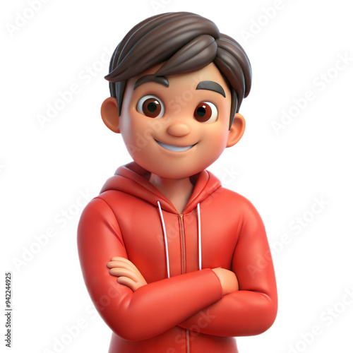 Animated 3D young boy with brown hair, red hoodie, smiling confidently, arms crossed, on transparent background photo