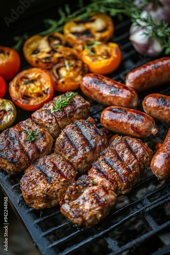 Grilling a delicious assortment of sausages, steaks, and vegetables during a ...