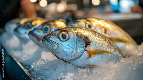 Freshly caught fish displayed on ice with lemon and herbs in a vibrant market setting