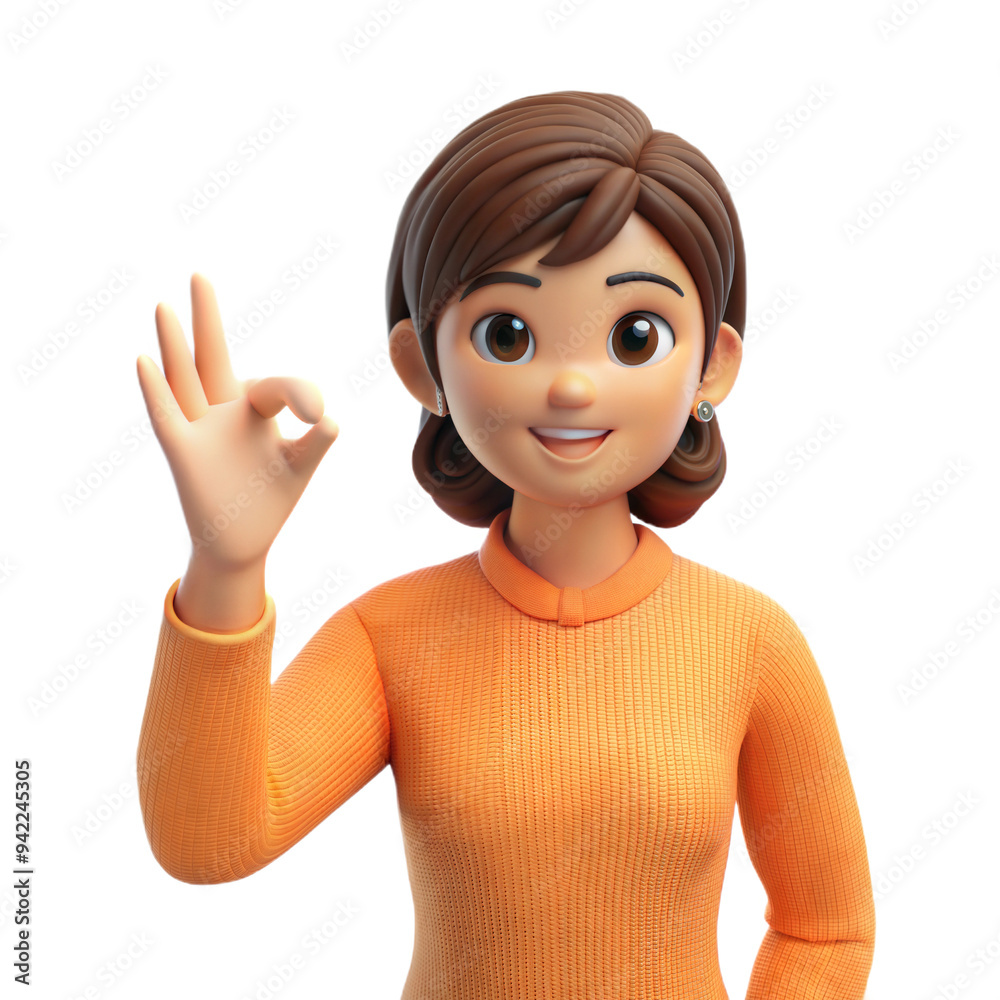 Animated 3D woman with short brown hair and orange sweater waving with a smile, on transparent background Animated 3D woman with short brown hair and orange sweater waving with a smile, on transparent background